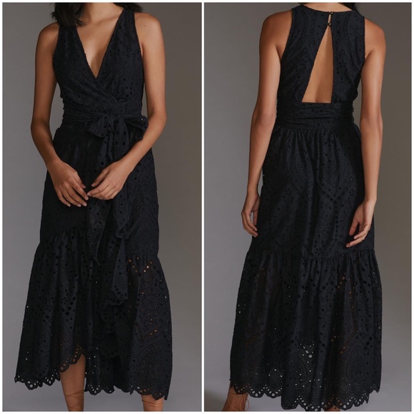 Anthropologie Dresses & Skirts - Anthropologie Maeve Eyelet Wrap Midi Dress Black ANTHRO NEW Summer party Maxi
